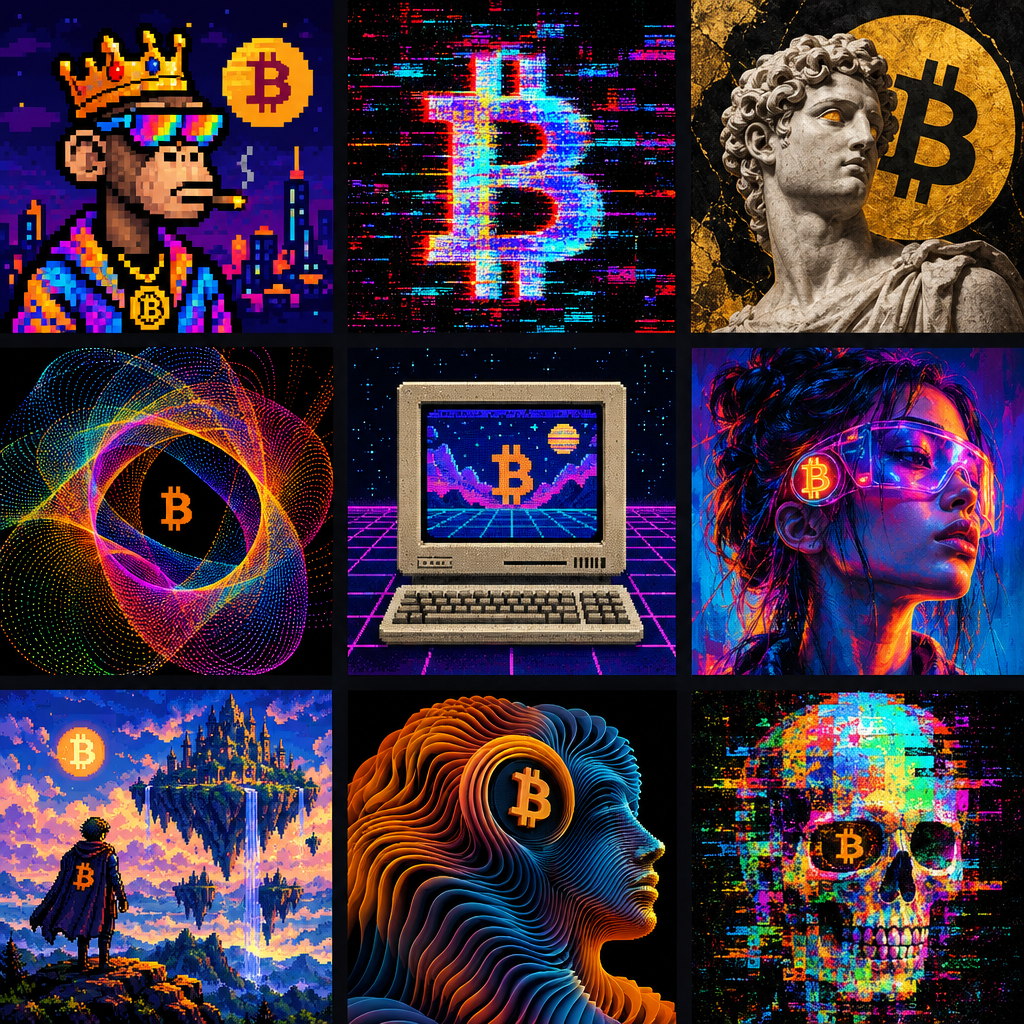 A gallery of diverse Bitcoin Ordinals digital artworks